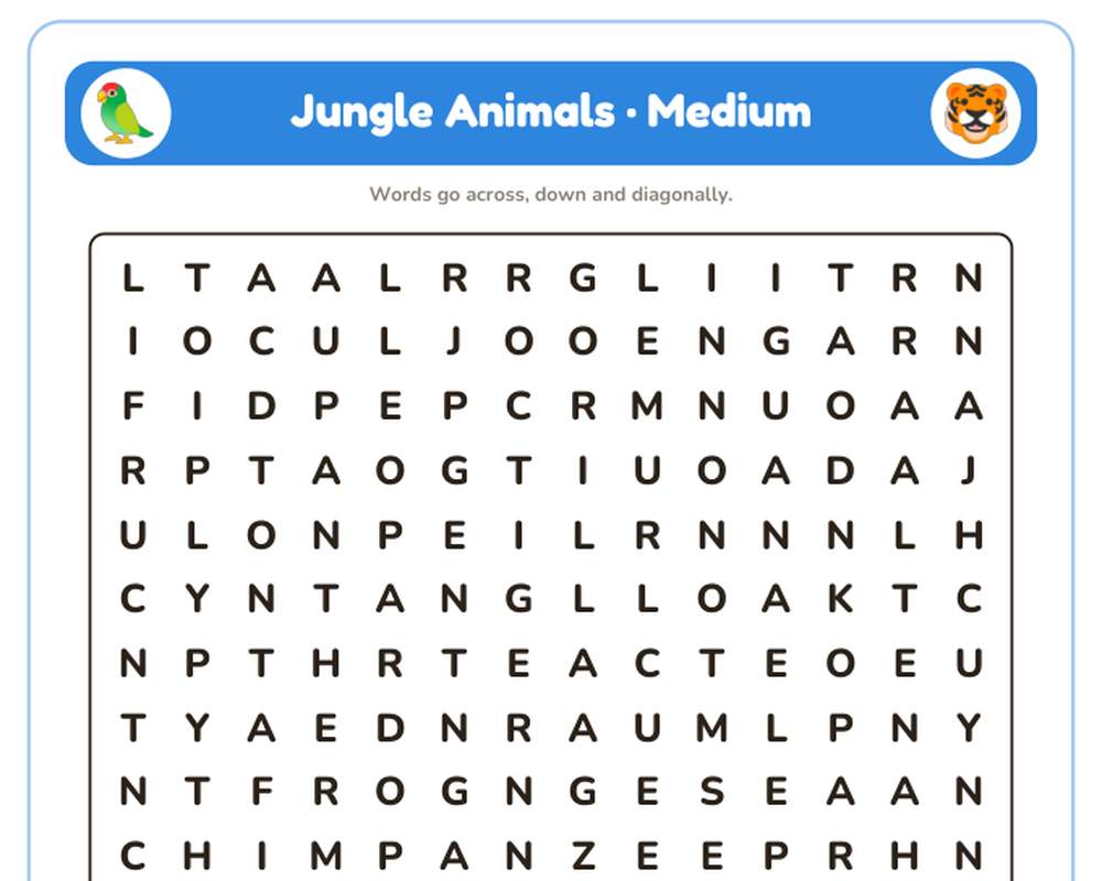 Jungle Animals Word Search Printable: 4 Puzzles (Easy to Hard + Large Print) printable preview 2