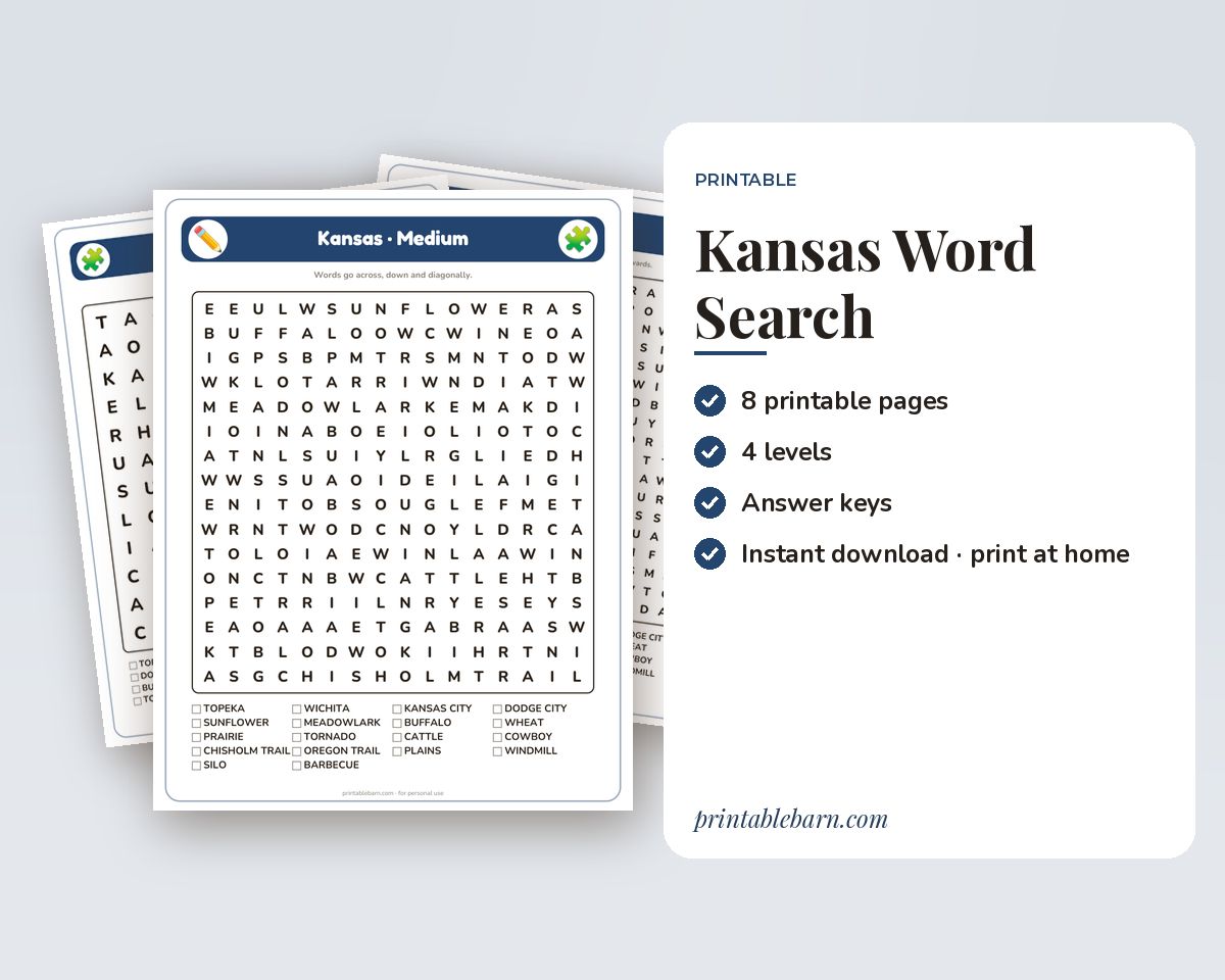 Kansas Word Search Printable: 4 Puzzles (Easy to Hard + Large Print) printable preview 1