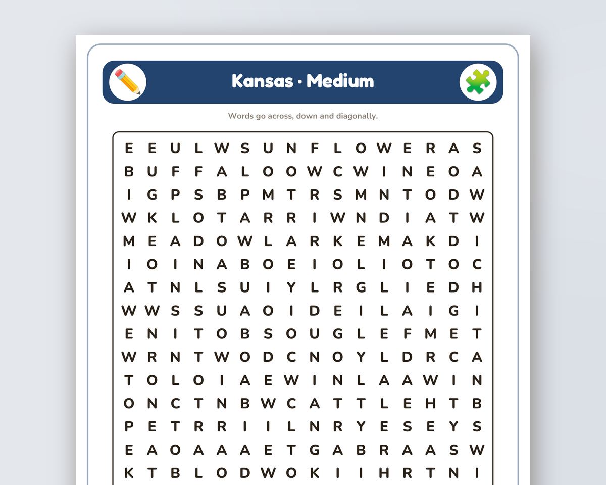 Kansas Word Search Printable: 4 Puzzles (Easy to Hard + Large Print) printable preview 2
