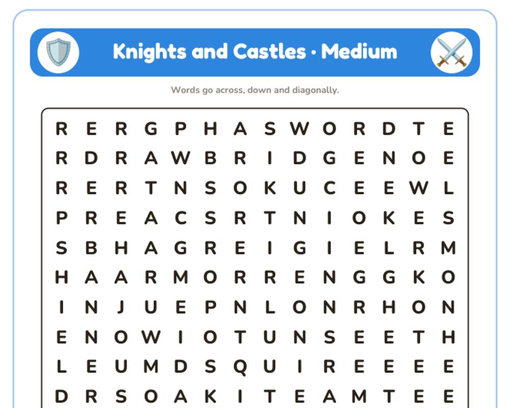 Knights and Castles Word Search Printable: 4 Puzzles (Easy to Hard + Large Print) printable preview 2