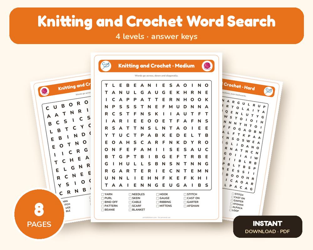 Knitting and Crochet Word Search Printable: 4 Puzzles (Easy to Hard + Large Print)