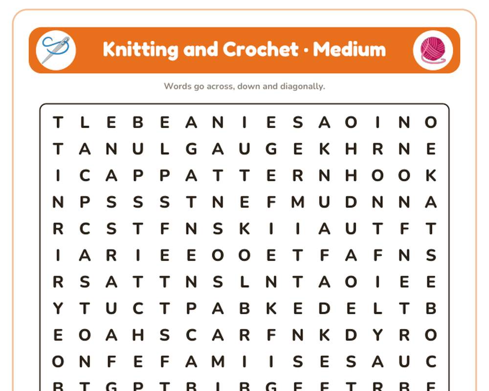 Knitting and Crochet Word Search Printable: 4 Puzzles (Easy to Hard + Large Print) printable preview 2