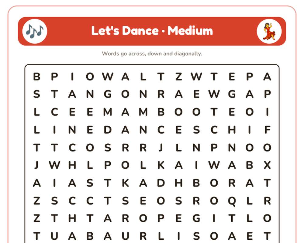 Let's Dance Word Search Printable: 4 Puzzles (Easy to Hard + Large Print) printable preview 2