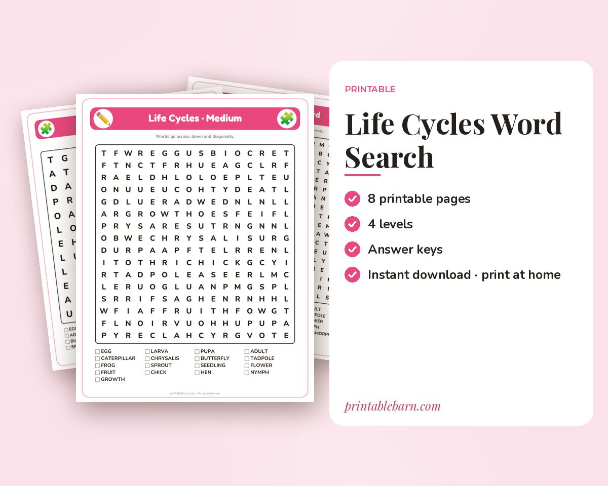 Life Cycles Word Search Printable: 4 Puzzles (Easy to Hard + Large Print) printable preview 1