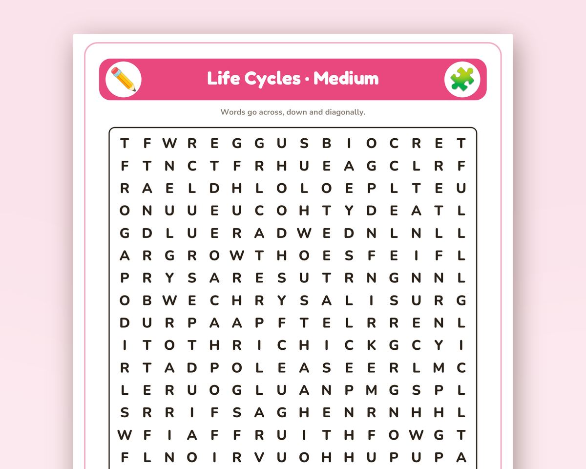 Life Cycles Word Search Printable: 4 Puzzles (Easy to Hard + Large Print) printable preview 2