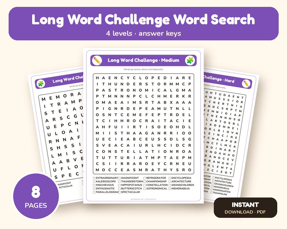 Long Word Challenge Word Search Printable: 4 Puzzles (Easy to Hard + Large Print) printable preview 1
