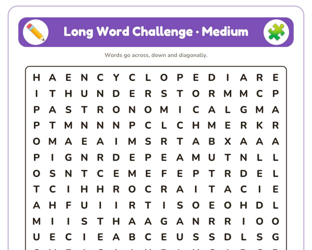 Long Word Challenge Word Search Printable: 4 Puzzles (Easy to Hard + Large Print) printable preview 2