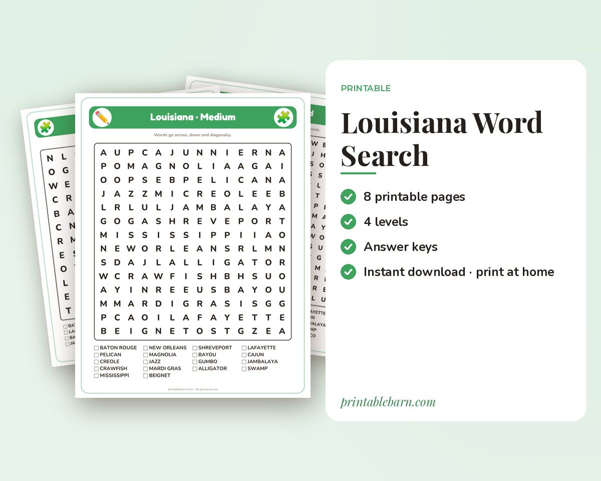 Louisiana Word Search Printable: 4 Puzzles (Easy to Hard + Large Print) printable preview 1