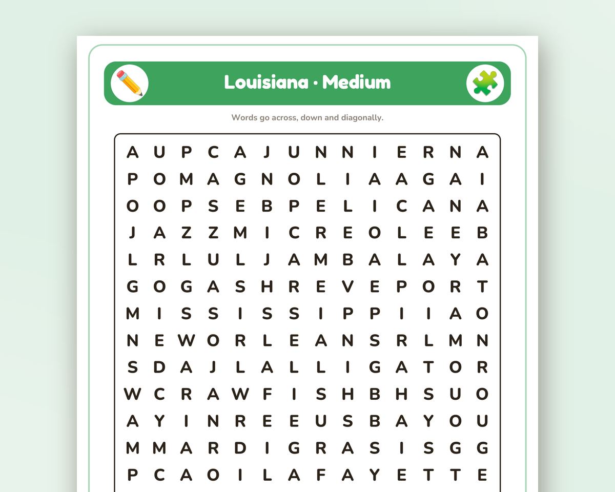 Free printable Louisiana Word Search sample page