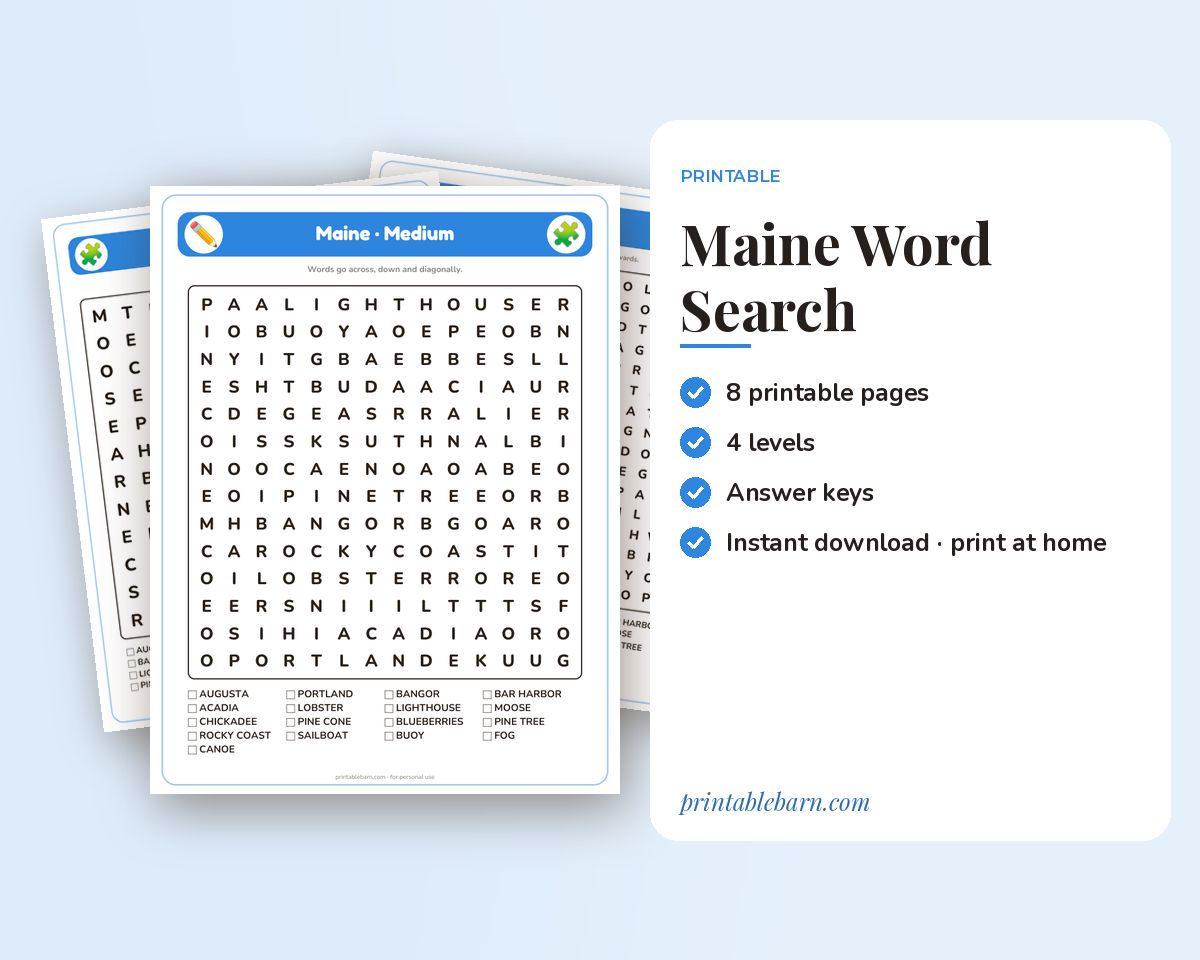 Maine Word Search Printable: 4 Puzzles (Easy to Hard + Large Print) printable preview 1