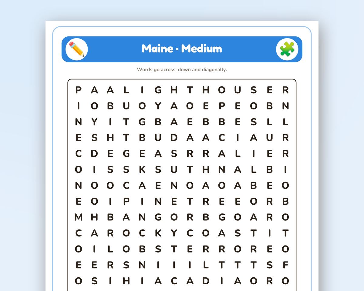 Maine Word Search Printable: 4 Puzzles (Easy to Hard + Large Print) printable preview 2