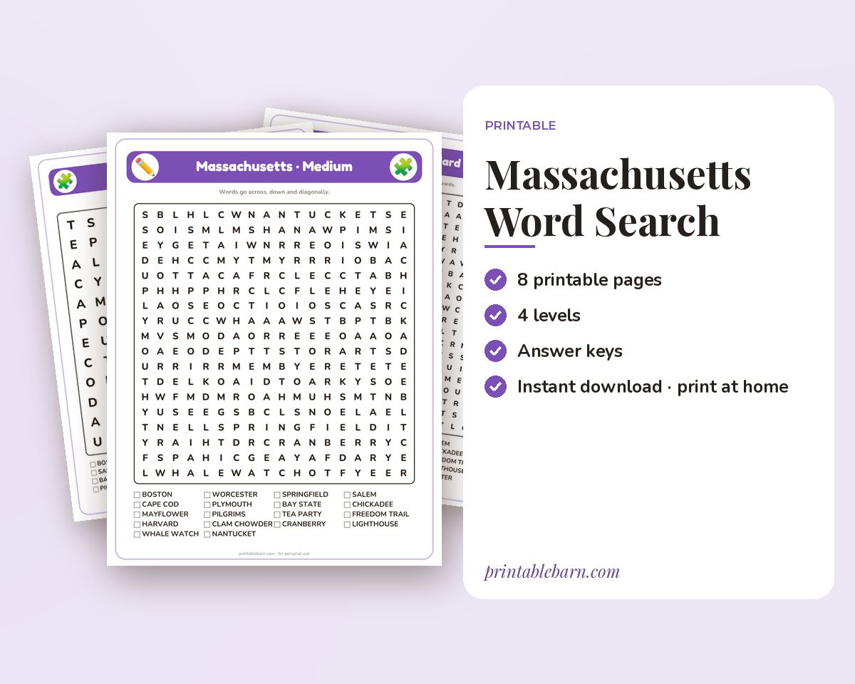 Massachusetts Word Search Printable: 4 Puzzles (Easy to Hard + Large Print) printable preview 1