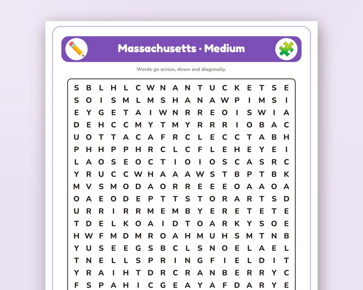 Massachusetts Word Search Printable: 4 Puzzles (Easy to Hard + Large Print) printable preview 2