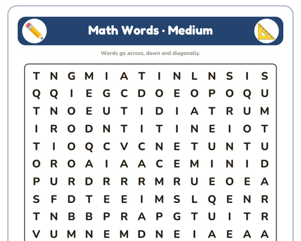 Math Words Word Search Printable: 4 Puzzles (Easy to Hard + Large Print) printable preview 2