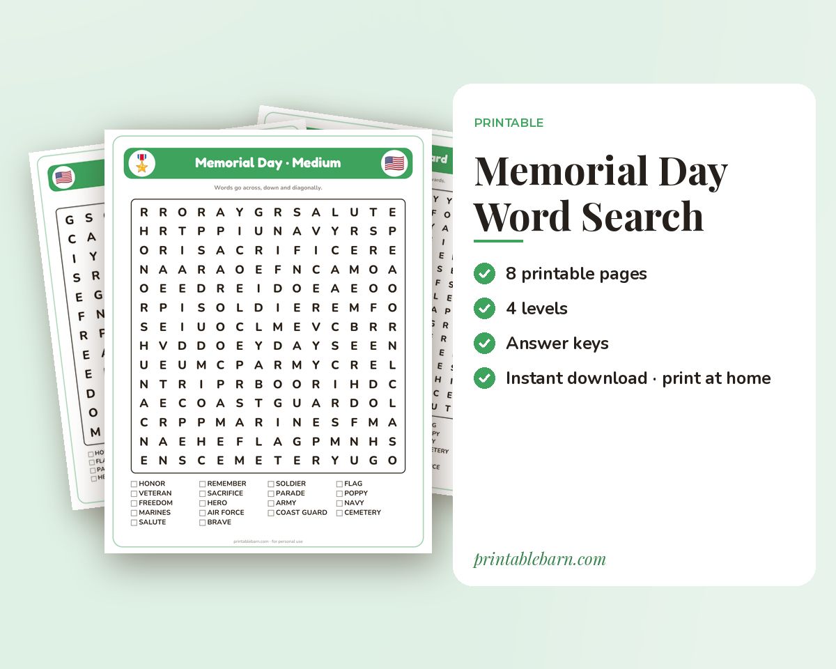 Memorial Day Word Search Printable: 4 Puzzles (Easy to Hard + Large Print) printable preview 1