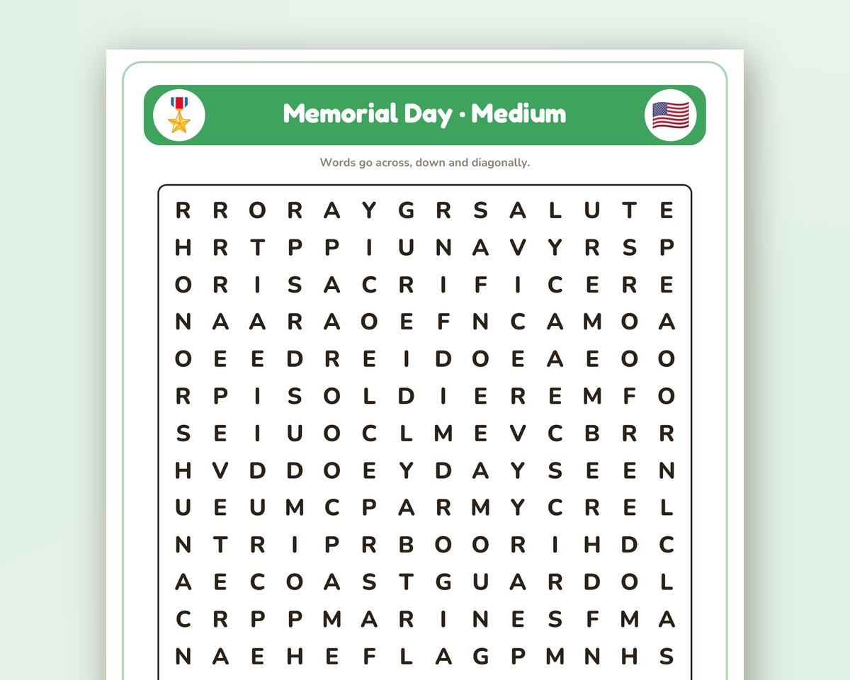 Memorial Day Word Search Printable: 4 Puzzles (Easy to Hard + Large Print) printable preview 2