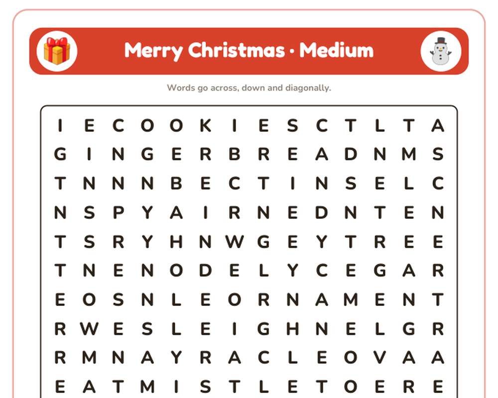 Merry Christmas Word Search Printable: 4 Puzzles (Easy to Hard + Large Print) printable preview 2