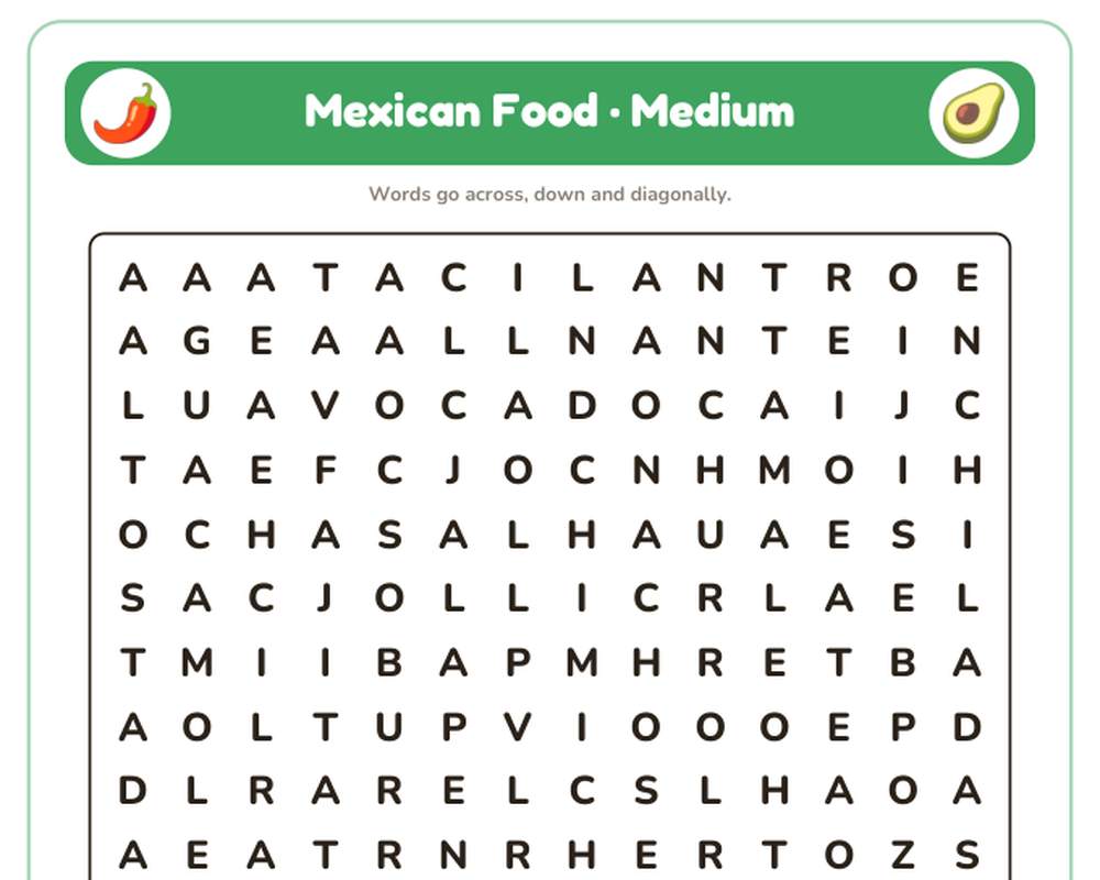 Mexican Food Word Search Printable: 4 Puzzles (Easy to Hard + Large Print) printable preview 2