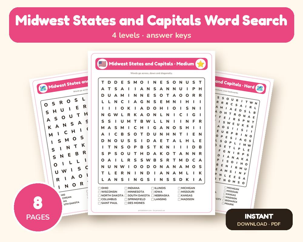 Midwest States and Capitals Word Search Printable: 4 Puzzles (Easy to Hard + Large Print)