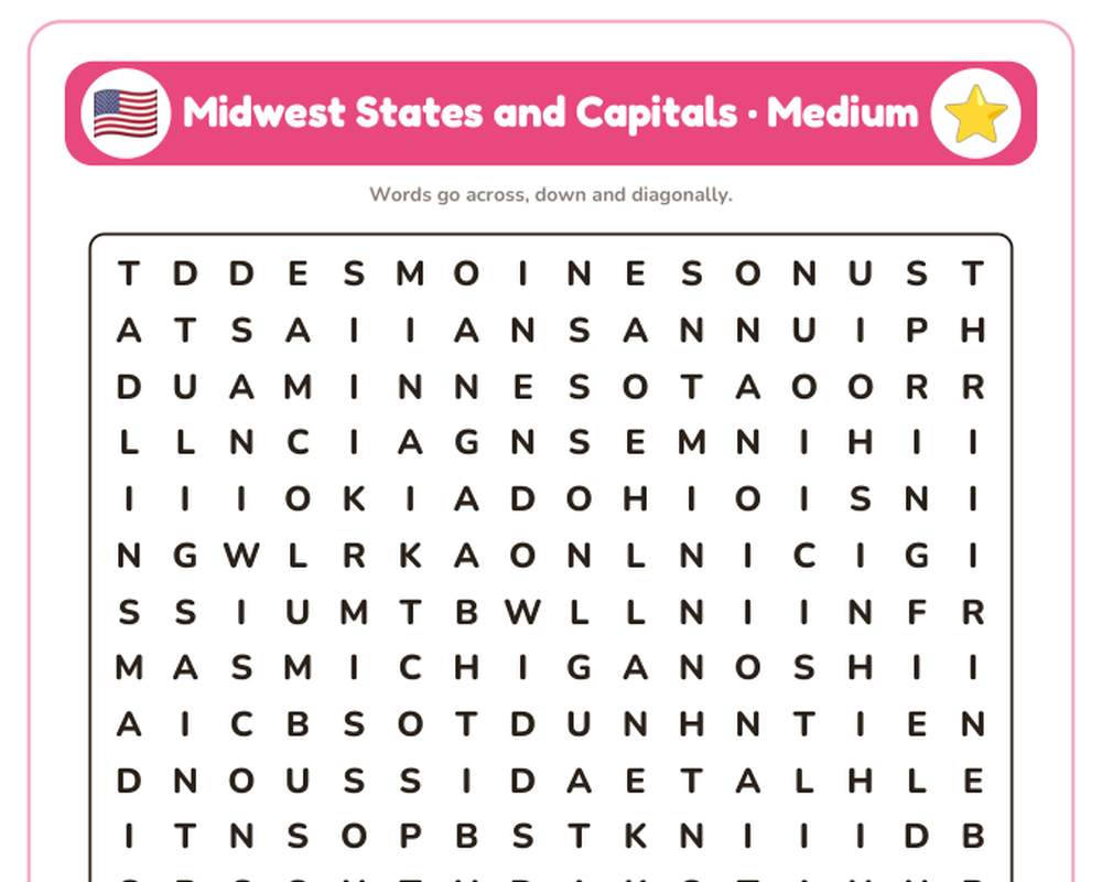 Midwest States and Capitals Word Search Printable: 4 Puzzles (Easy to Hard + Large Print) printable preview 2