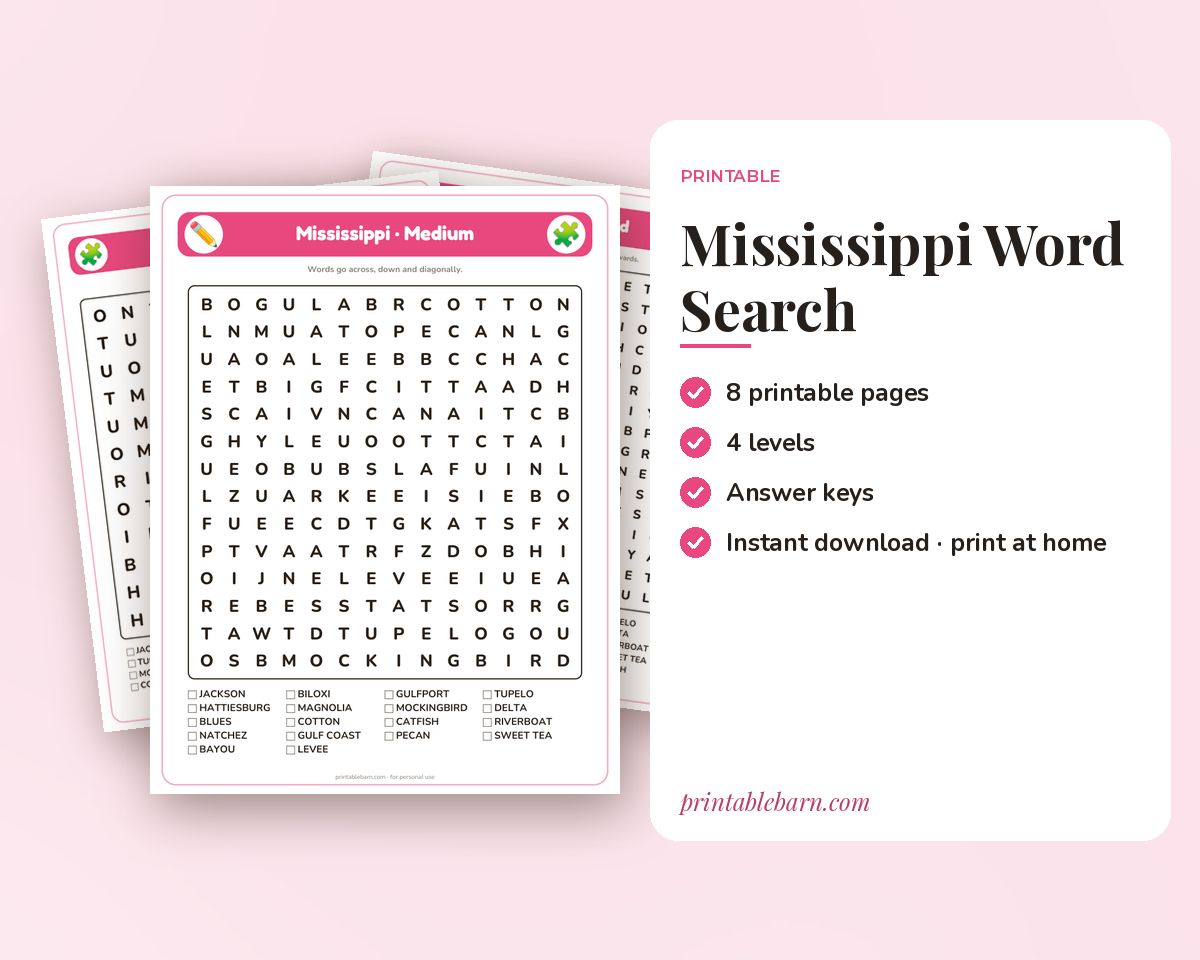 Mississippi Word Search Printable: 4 Puzzles (Easy to Hard + Large Print) printable preview 1