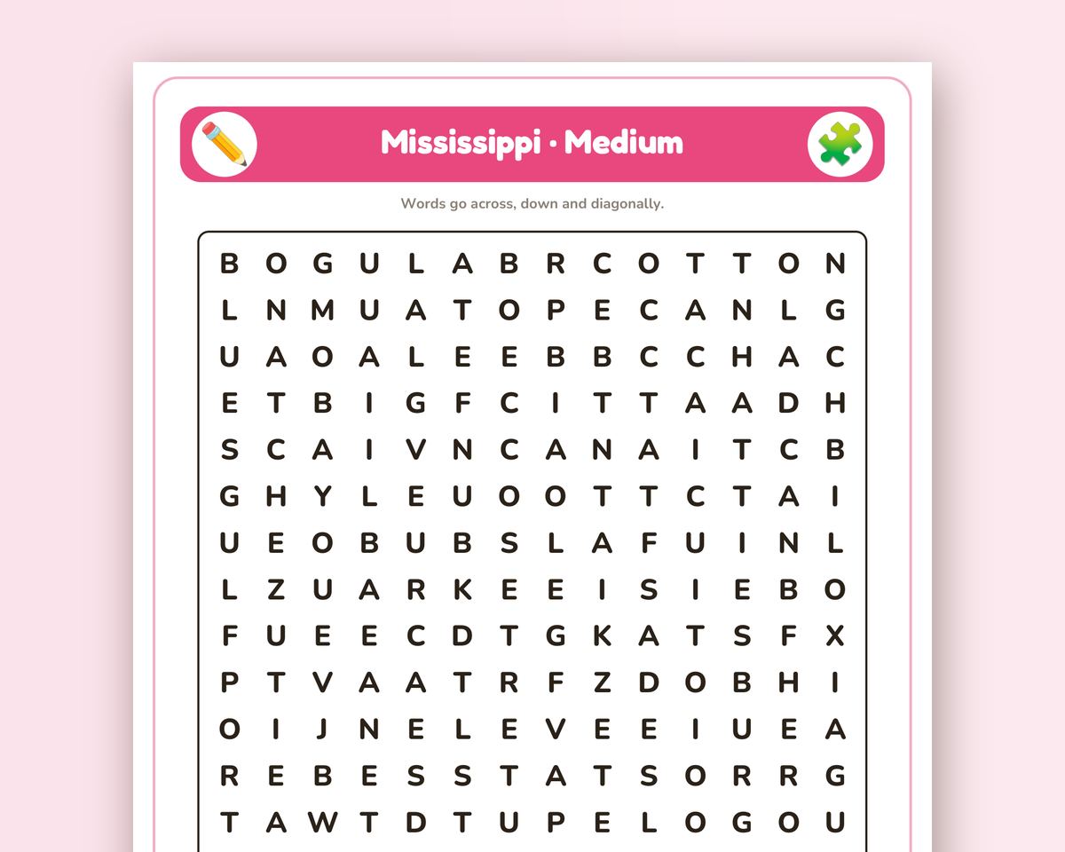 Mississippi Word Search Printable: 4 Puzzles (Easy to Hard + Large Print) printable preview 2