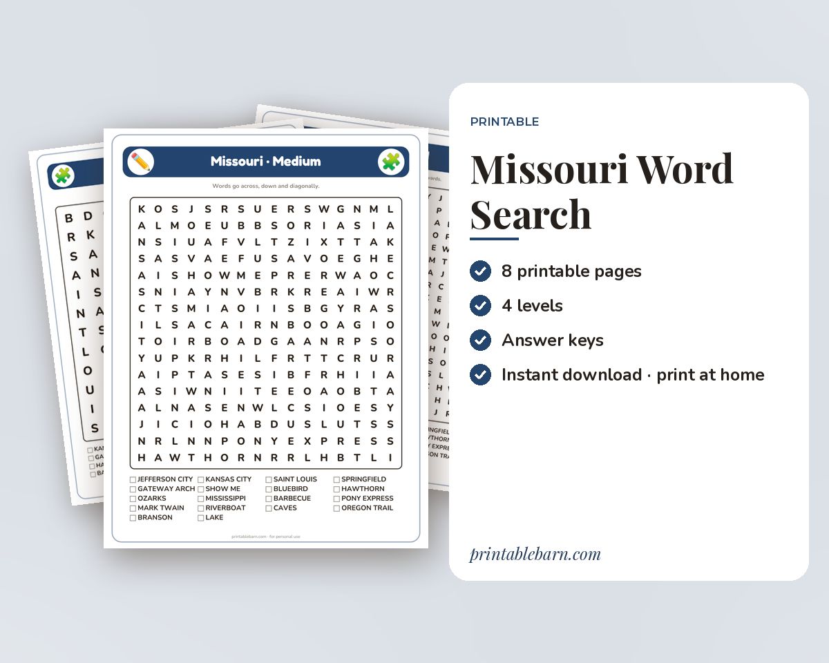 Missouri Word Search Printable: 4 Puzzles (Easy to Hard + Large Print) printable preview 1