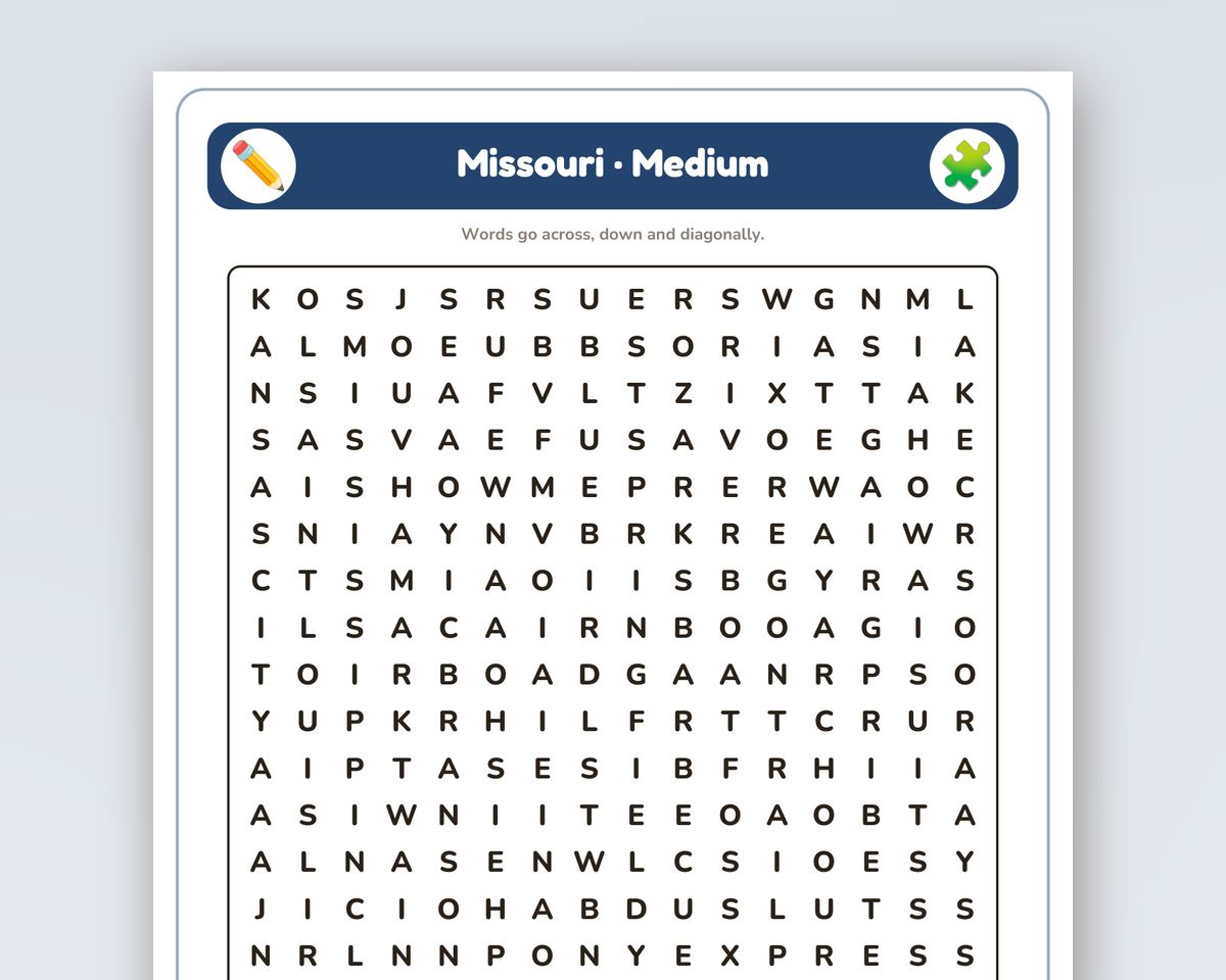 Missouri Word Search Printable: 4 Puzzles (Easy to Hard + Large Print) printable preview 2