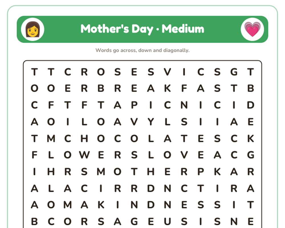 Free printable Mother's Day Word Search sample page
