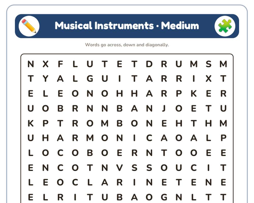 Musical Instruments Word Search Printable: 4 Puzzles (Easy to Hard + Large Print) printable preview 2