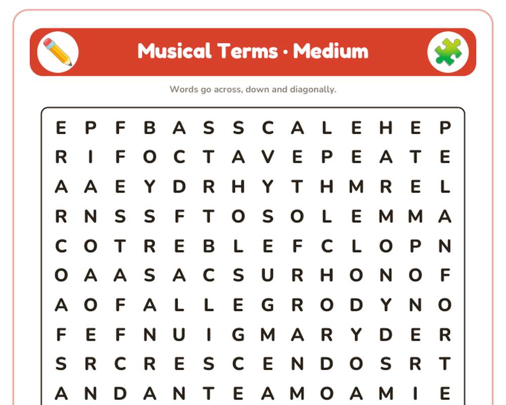 Musical Terms Word Search Printable: 4 Puzzles (Easy to Hard + Large Print) printable preview 2
