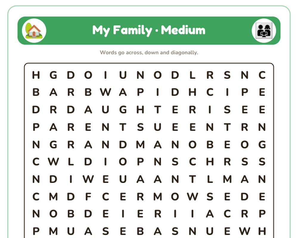 My Family Word Search Printable: 4 Puzzles (Easy to Hard + Large Print) printable preview 2