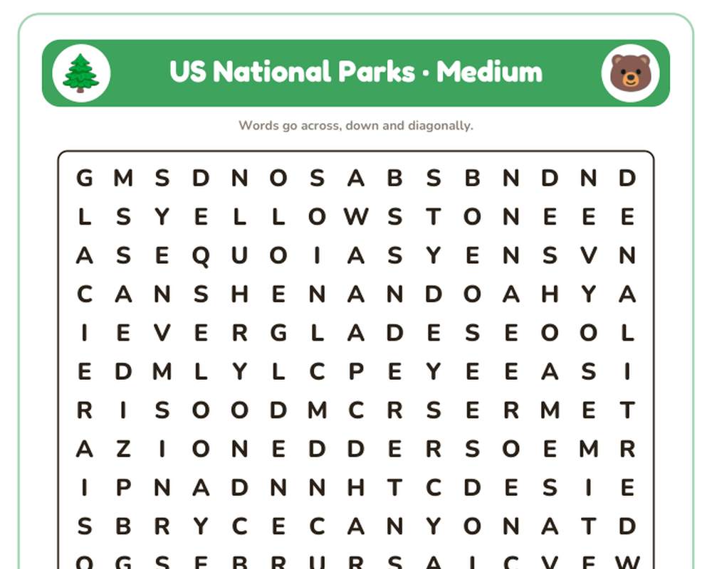 US National Parks Word Search Printable: 4 Puzzles (Easy to Hard + Large Print) printable preview 2