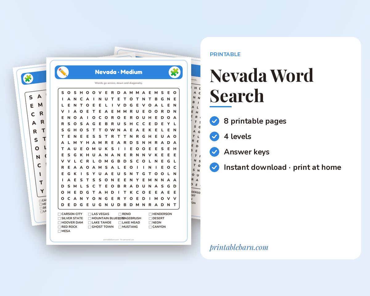 Nevada Word Search Printable: 4 Puzzles (Easy to Hard + Large Print) printable preview 1