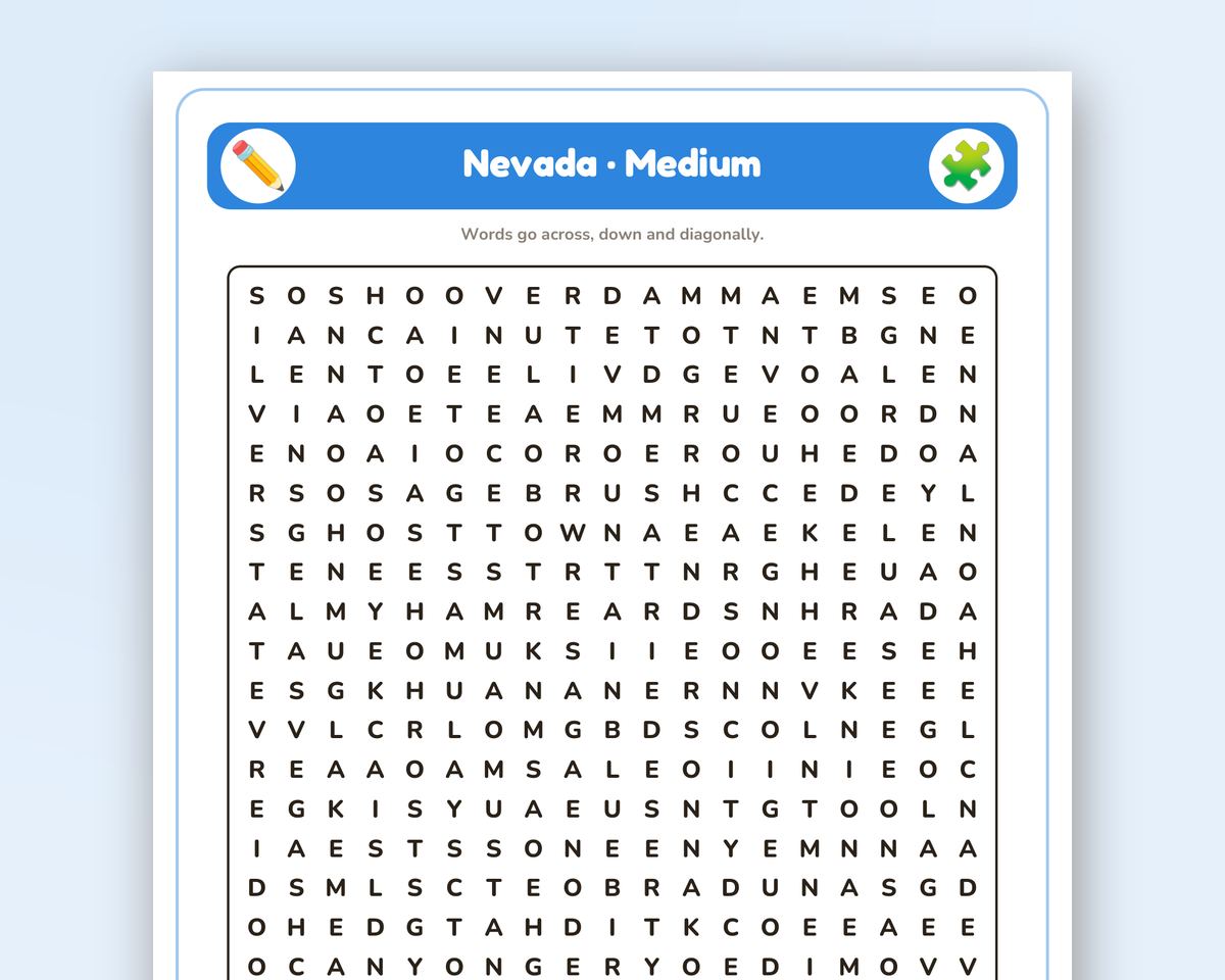 Free printable Nevada Word Search sample page