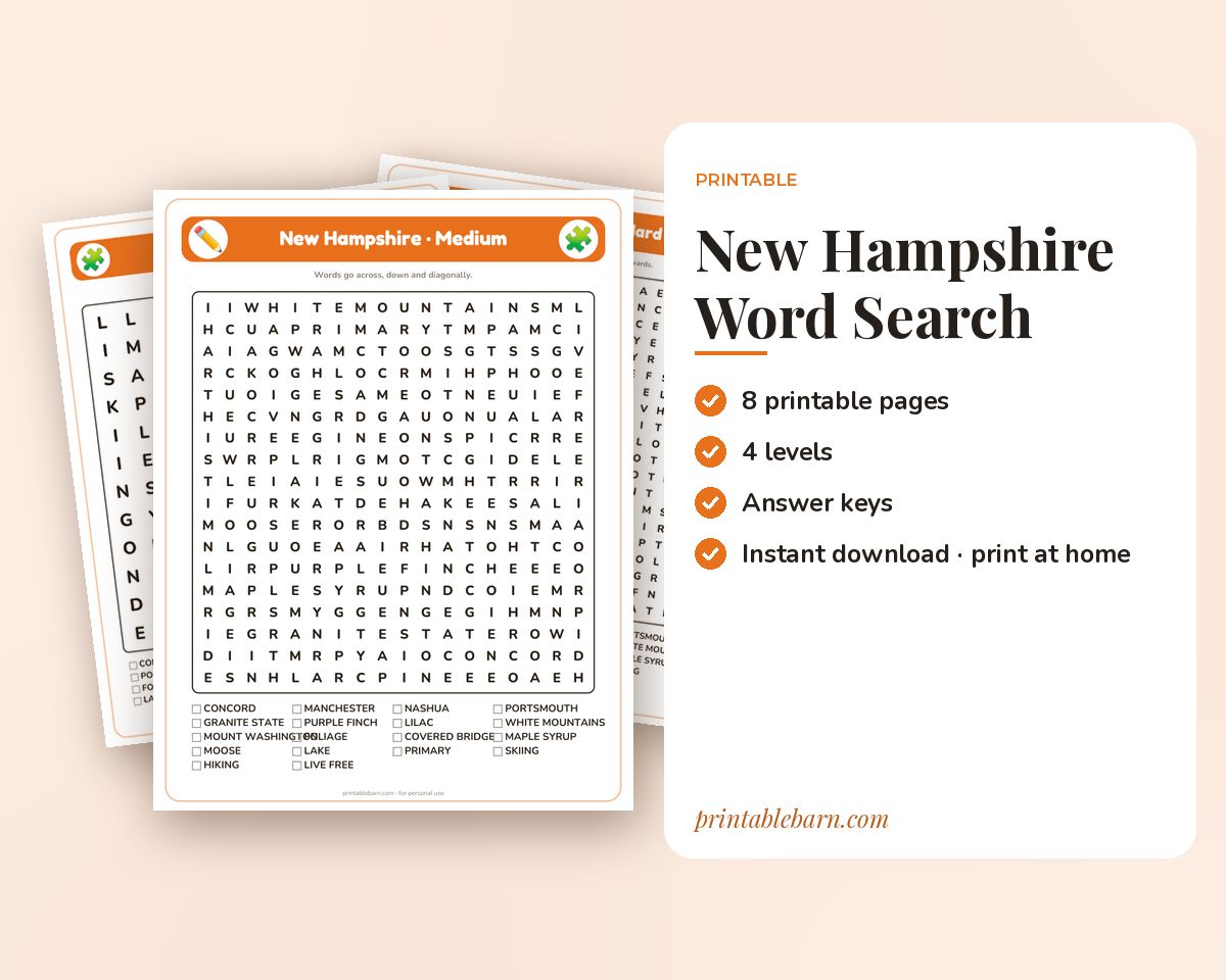 New Hampshire Word Search Printable: 4 Puzzles (Easy to Hard + Large Print) printable preview 1