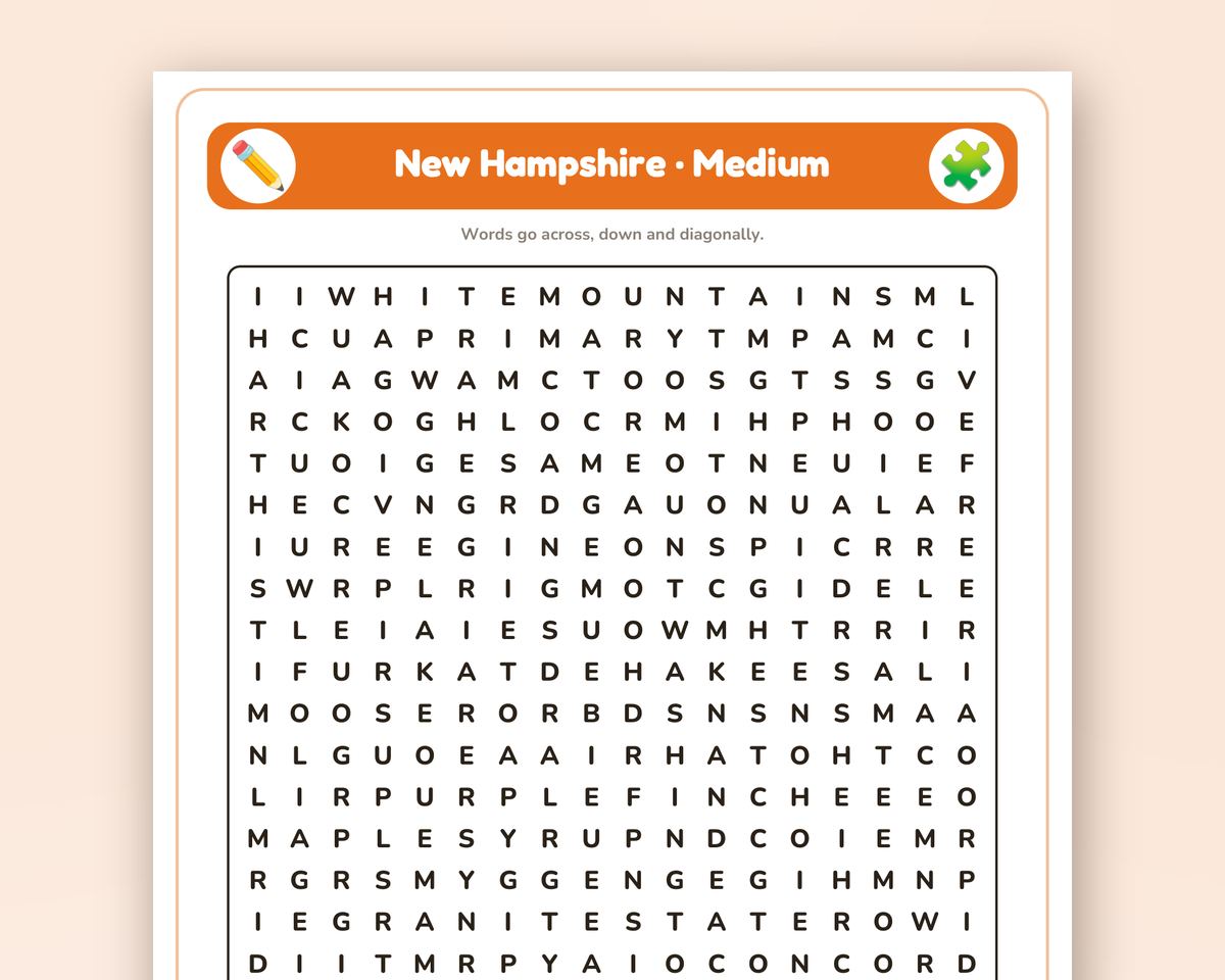New Hampshire Word Search Printable: 4 Puzzles (Easy to Hard + Large Print) printable preview 2