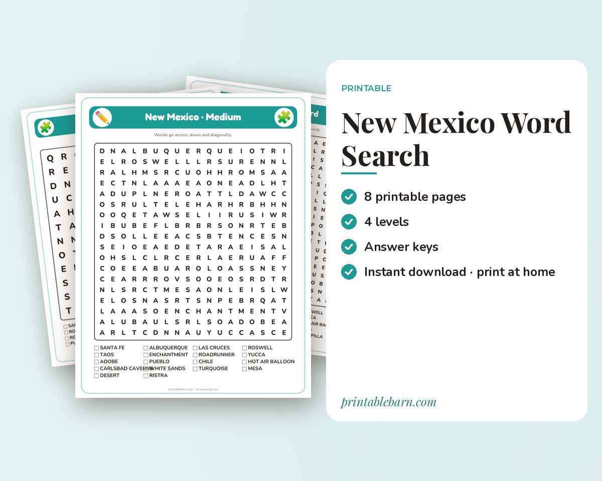 New Mexico Word Search Printable: 4 Puzzles (Easy to Hard + Large Print) printable preview 1
