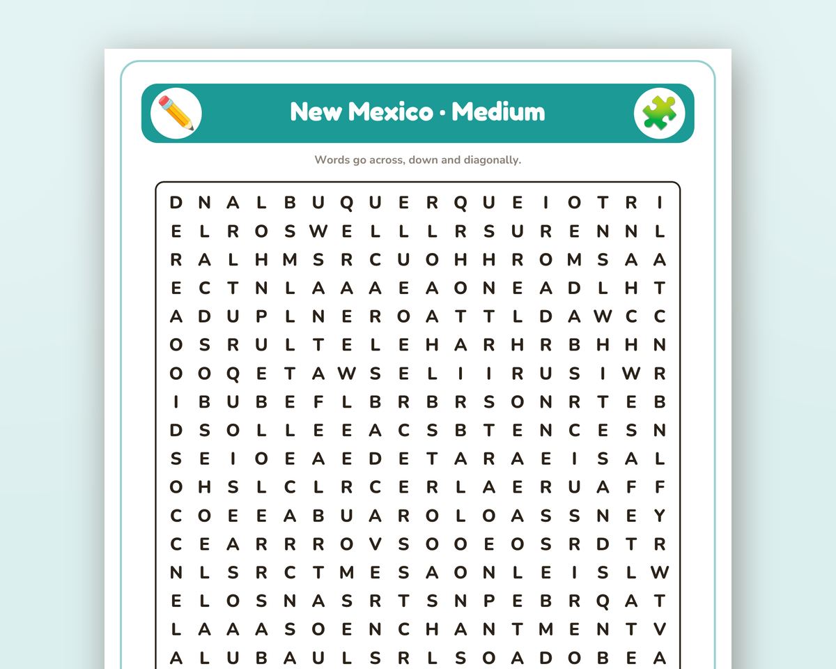 New Mexico Word Search Printable: 4 Puzzles (Easy to Hard + Large Print) printable preview 2
