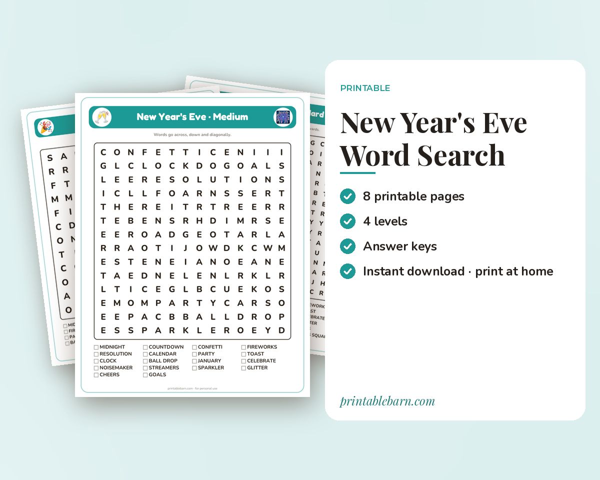 New Year's Eve Word Search Printable: 4 Puzzles (Easy to Hard + Large Print) printable preview 1