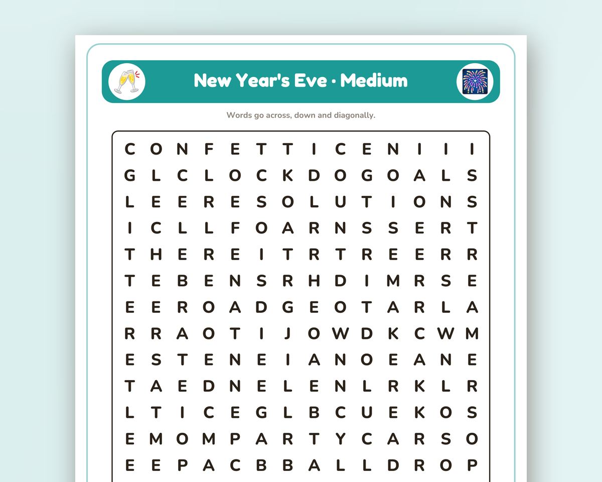 New Year's Eve Word Search Printable: 4 Puzzles (Easy to Hard + Large Print) printable preview 2