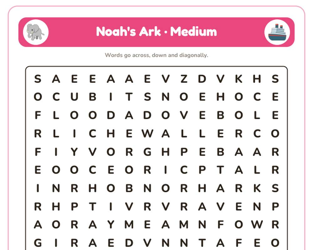 Noah's Ark Word Search Printable: 4 Puzzles (Easy to Hard + Large Print) printable preview 2