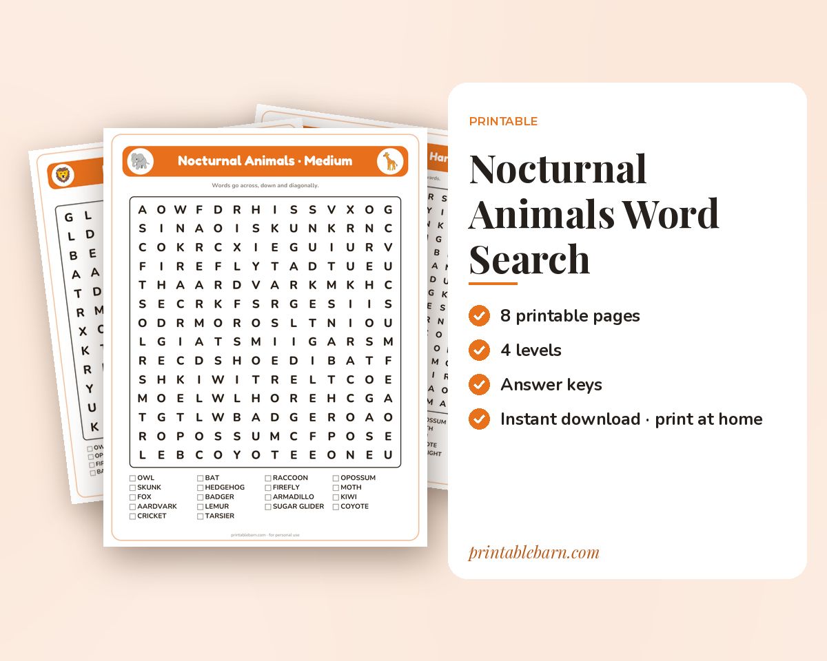 Nocturnal Animals Word Search Printable: 4 Puzzles (Easy to Hard + Large Print) printable preview 1