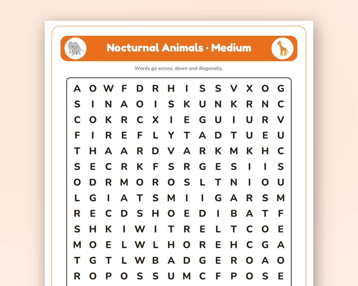 Nocturnal Animals Word Search Printable: 4 Puzzles (Easy to Hard + Large Print) printable preview 2