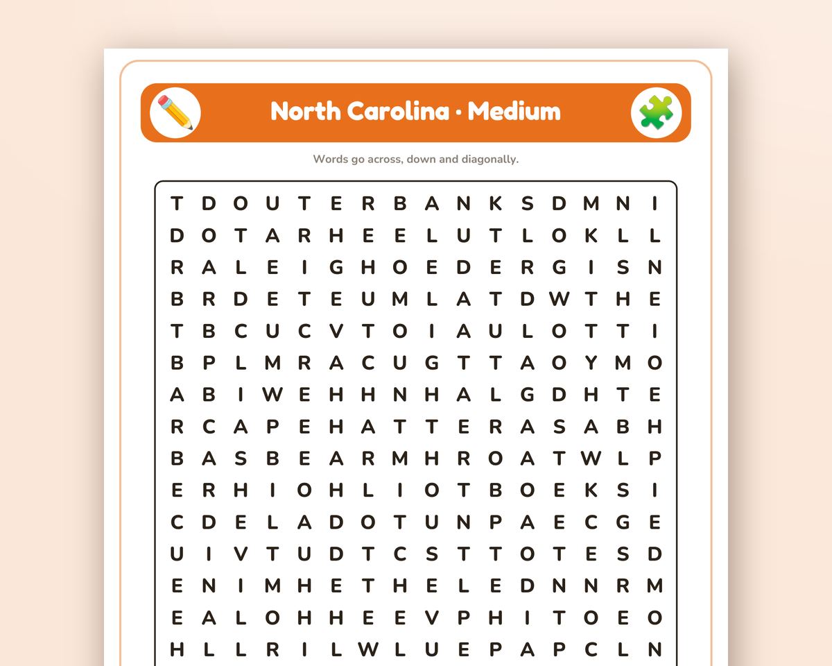 Free printable North Carolina Word Search sample page