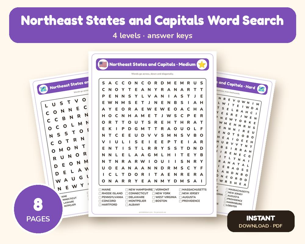Northeast States and Capitals Word Search Printable: 4 Puzzles (Easy to Hard + Large Print)