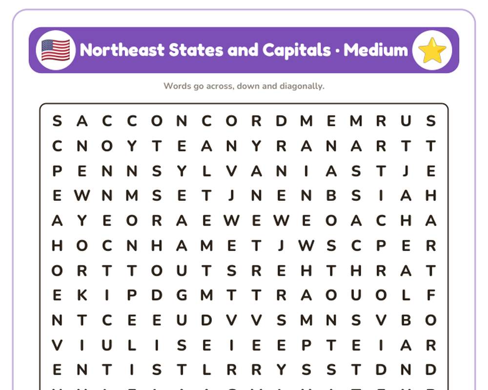 Northeast States and Capitals Word Search Printable: 4 Puzzles (Easy to Hard + Large Print) printable preview 2