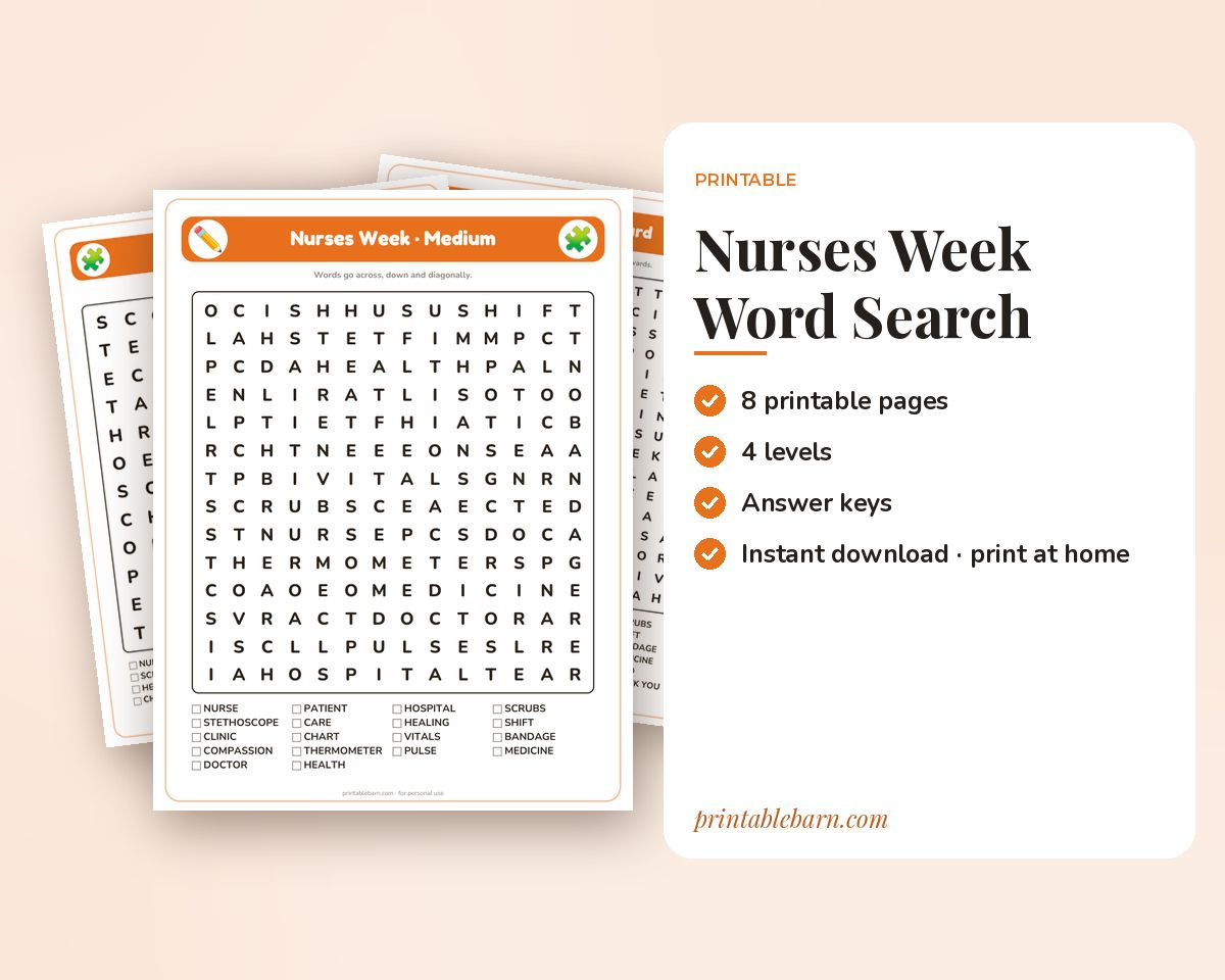 Nurses Week Word Search Printable: 4 Puzzles (Easy to Hard + Large Print) printable preview 1