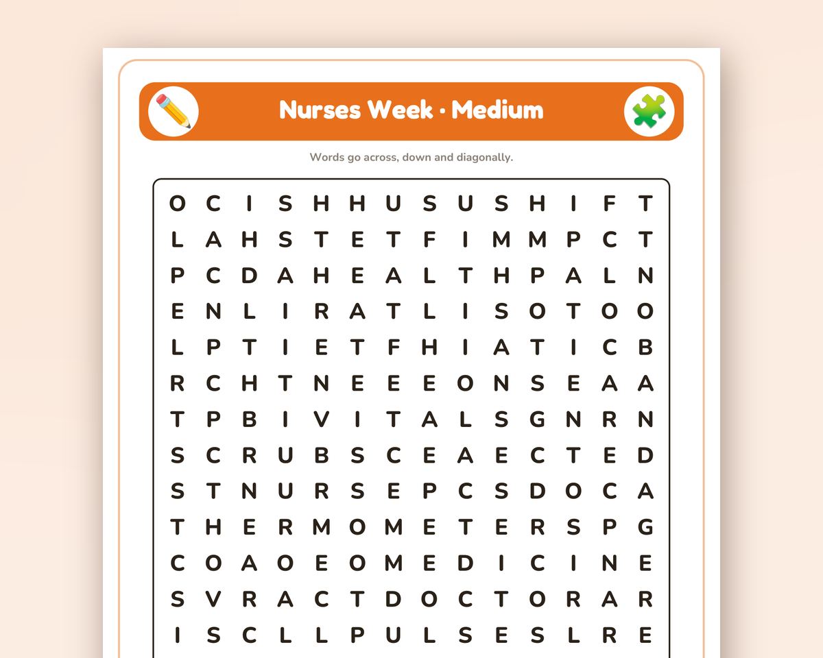 Nurses Week Word Search Printable: 4 Puzzles (Easy to Hard + Large Print) printable preview 2