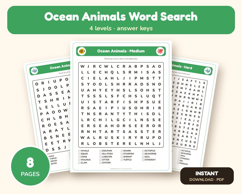 Ocean Animals Word Search Printable: 4 Puzzles (Easy to Hard + Large Print)